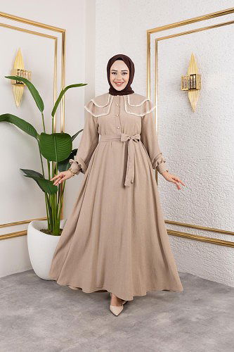 Dantel Detaylı Kloş Tesettür Elbise-5031 Bej - Thumbnail