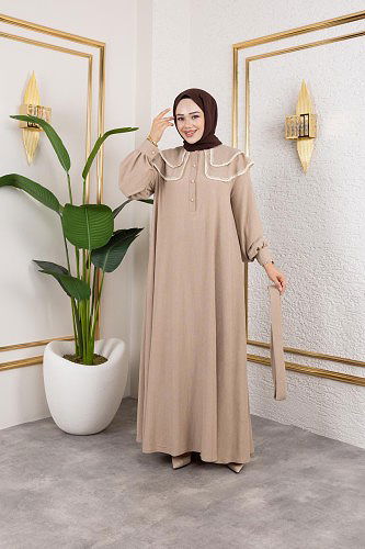 Dantel Detaylı Kloş Tesettür Elbise-5031 Bej - Thumbnail