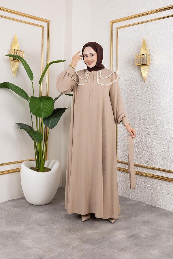 Dantel Detaylı Kloş Tesettür Elbise-5031 Bej