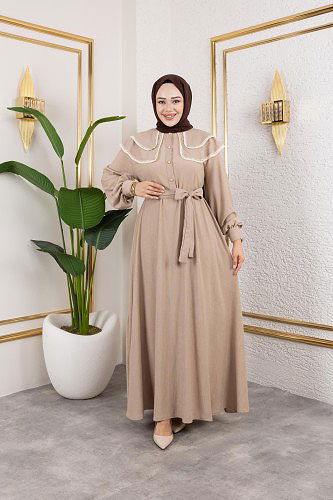 Dantel Detaylı Kloş Tesettür Elbise-5031 Bej - Thumbnail