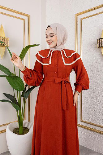Dantel Detaylı Kloş Tesettür Elbise-5031 Kiremit - Thumbnail