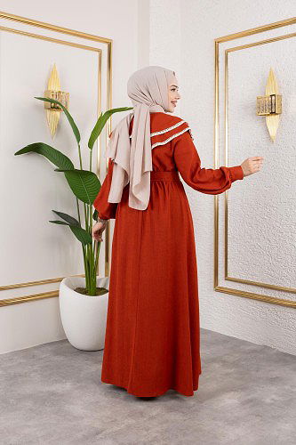 Dantel Detaylı Kloş Tesettür Elbise-5031 Kiremit - Thumbnail