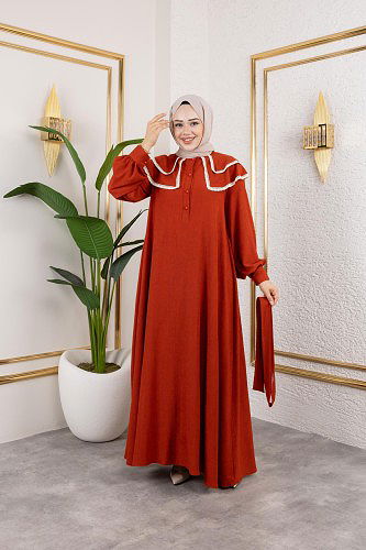 Dantel Detaylı Kloş Tesettür Elbise-5031 Kiremit - Thumbnail