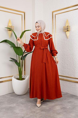 Dantel Detaylı Kloş Tesettür Elbise-5031 Kiremit - Thumbnail