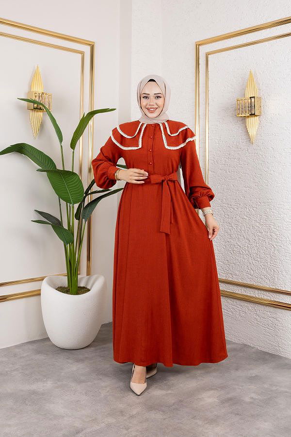 Dantel Detaylı Kloş Tesettür Elbise-5031 Kiremit