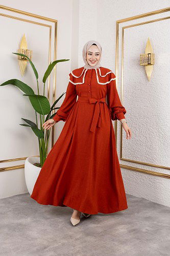 Dantel Detaylı Kloş Tesettür Elbise-5031 Kiremit - Thumbnail