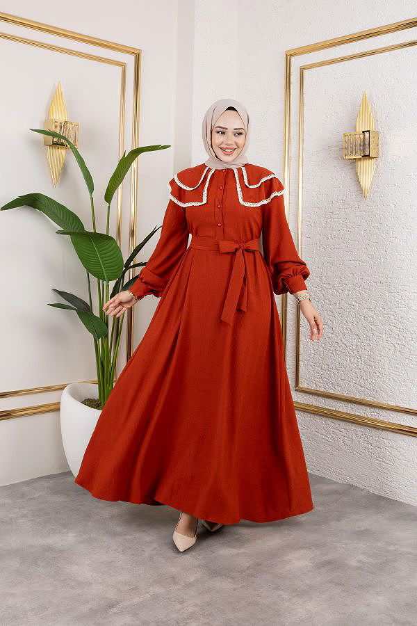 Dantel Detaylı Kloş Tesettür Elbise-5031 Kiremit