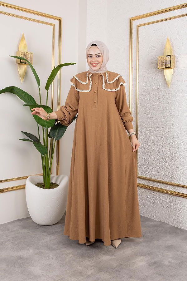 Dantel Detaylı Kloş Tesettür Elbise-5031 Latte
