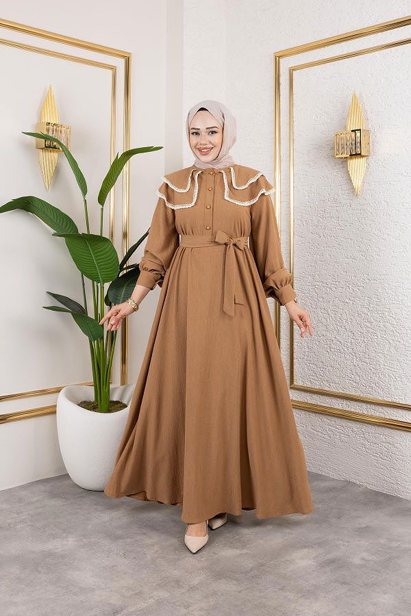 Dantel Detaylı Kloş Tesettür Elbise-5031 Latte