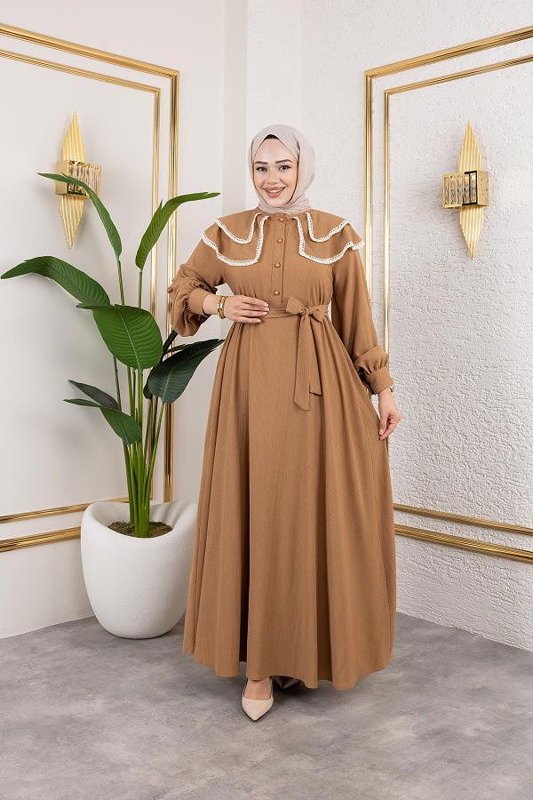 Dantel Detaylı Kloş Tesettür Elbise-5031 Latte