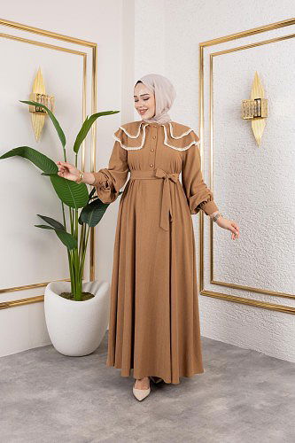 Dantel Detaylı Kloş Tesettür Elbise-5031 Latte - Thumbnail