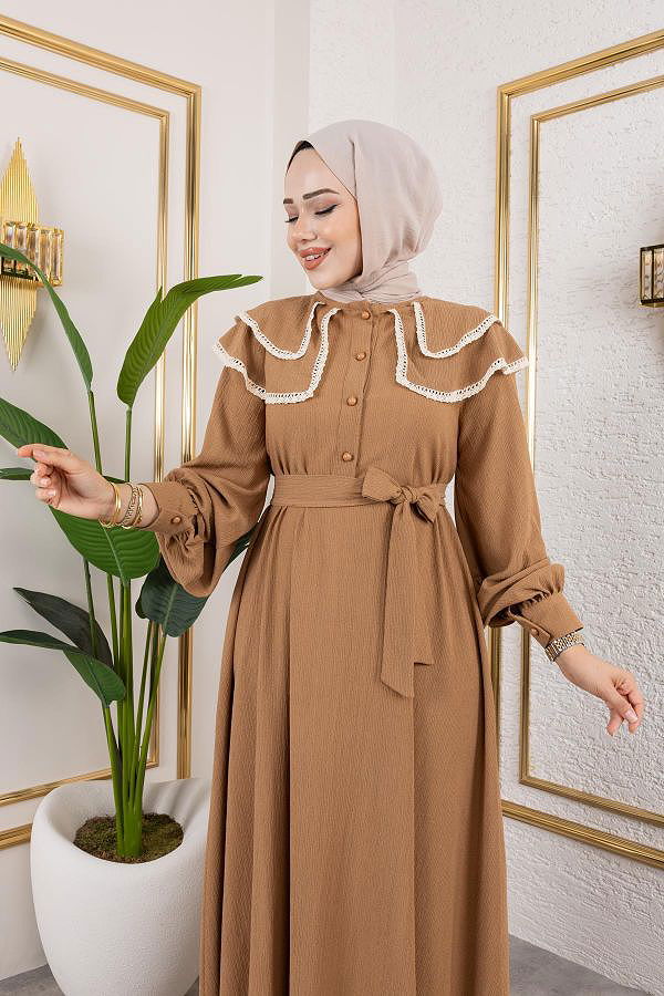 Dantel Detaylı Kloş Tesettür Elbise-5031 Latte