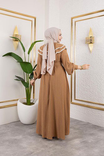 Dantel Detaylı Kloş Tesettür Elbise-5031 Latte - Thumbnail