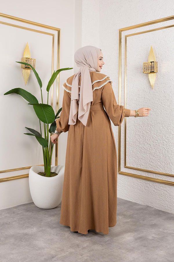 Dantel Detaylı Kloş Tesettür Elbise-5031 Latte