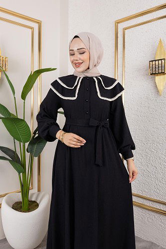 Dantel Detaylı Kloş Tesettür Elbise-5031 Siyah - Thumbnail