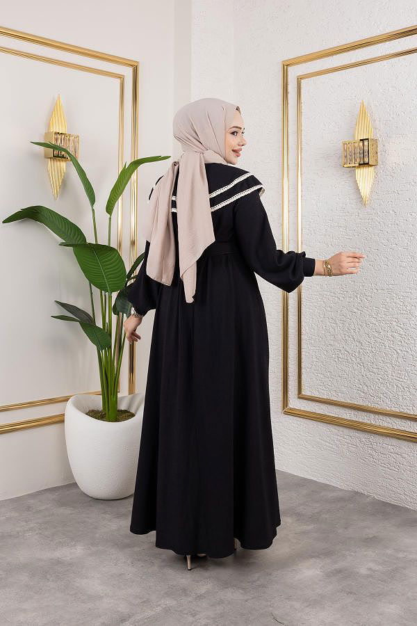 Dantel Detaylı Kloş Tesettür Elbise-5031 Siyah