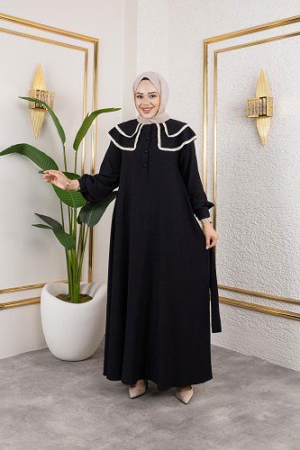 Dantel Detaylı Kloş Tesettür Elbise-5031 Siyah - Thumbnail