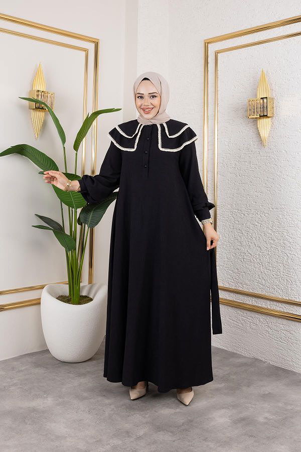 Dantel Detaylı Kloş Tesettür Elbise-5031 Siyah