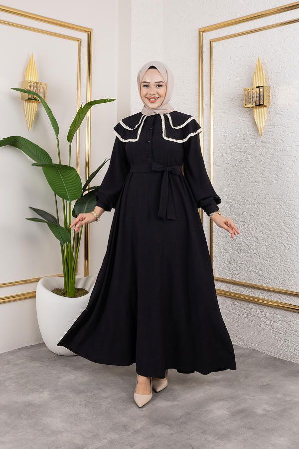 Dantel Detaylı Kloş Tesettür Elbise-5031 Siyah