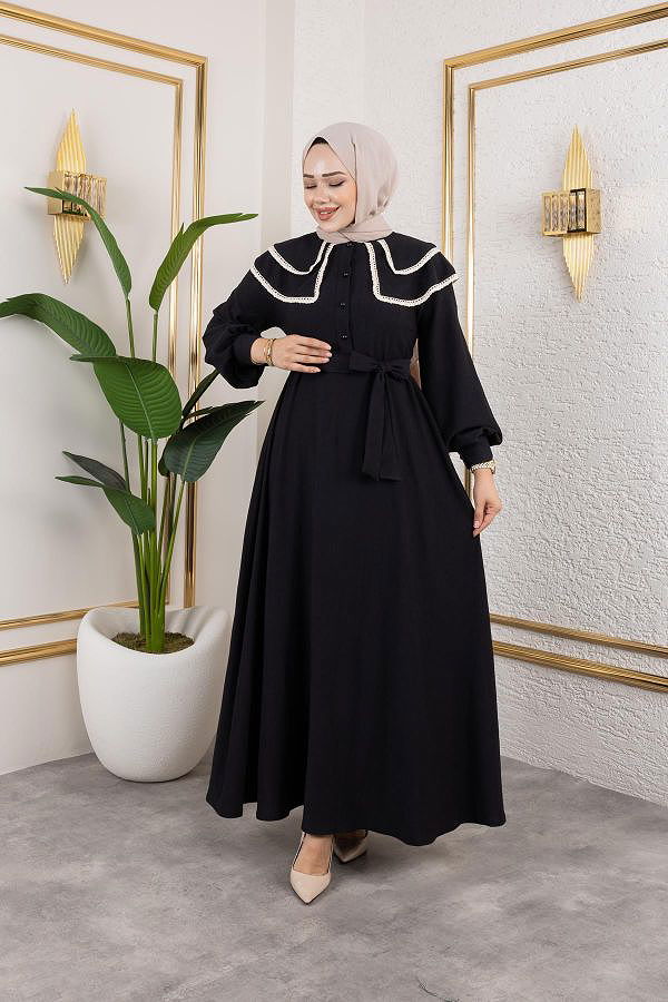 Dantel Detaylı Kloş Tesettür Elbise-5031 Siyah