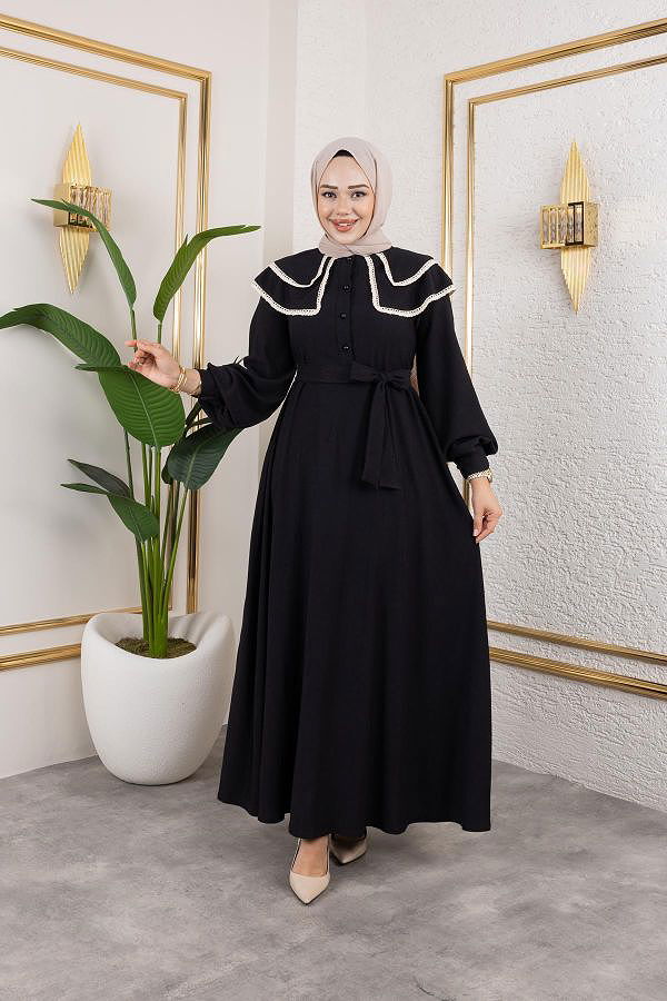 Dantel Detaylı Kloş Tesettür Elbise-5031 Siyah