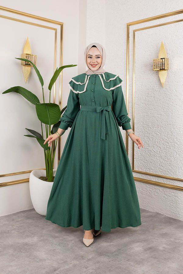 Dantel Detaylı Kloş Tesettür Elbise-5031 Zümrüt yeşili