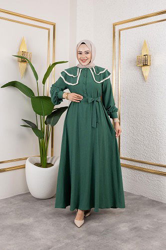 Dantel Detaylı Kloş Tesettür Elbise-5031 Zümrüt yeşili - Thumbnail