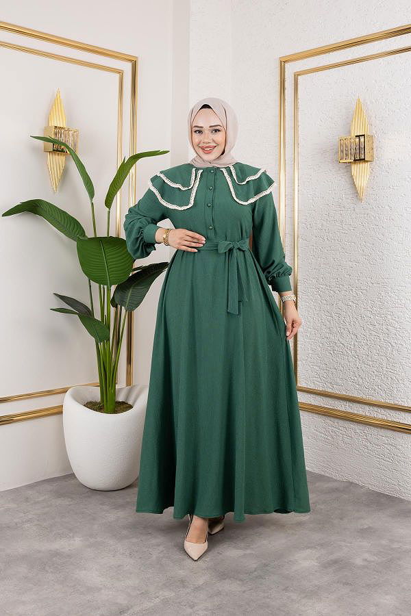 Dantel Detaylı Kloş Tesettür Elbise-5031 Zümrüt yeşili