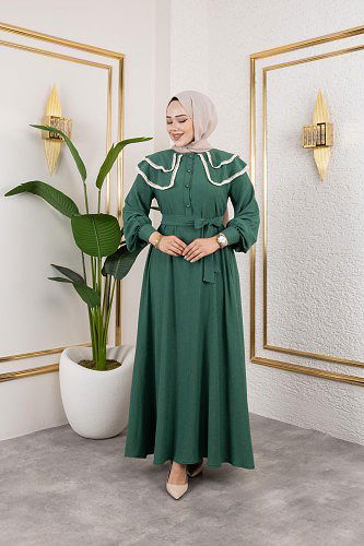 Dantel Detaylı Kloş Tesettür Elbise-5031 Zümrüt yeşili - Thumbnail