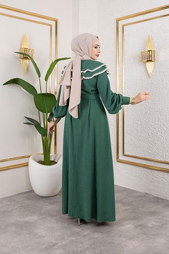 Dantel Detaylı Kloş Tesettür Elbise-5031 Zümrüt yeşili - Thumbnail