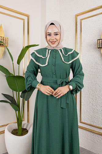 Dantel Detaylı Kloş Tesettür Elbise-5031 Zümrüt yeşili - Thumbnail