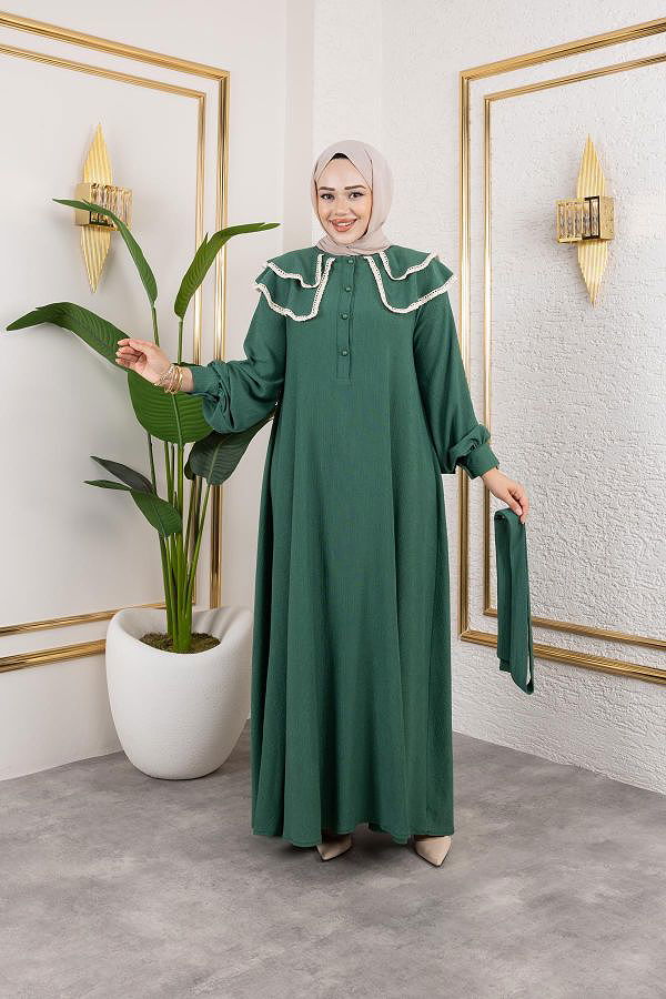 Dantel Detaylı Kloş Tesettür Elbise-5031 Zümrüt yeşili