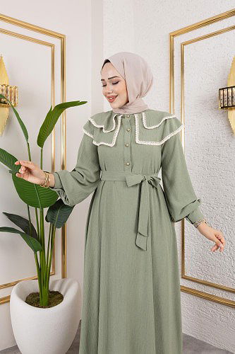 Dantel Detaylı Kloş Tesettür Elbise-5031Su yeşili - Thumbnail