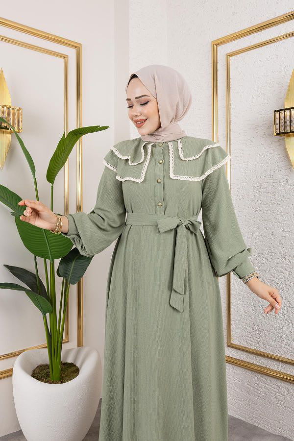 Dantel Detaylı Kloş Tesettür Elbise-5031Su yeşili