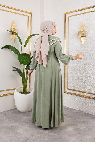 Dantel Detaylı Kloş Tesettür Elbise-5031Su yeşili - Thumbnail