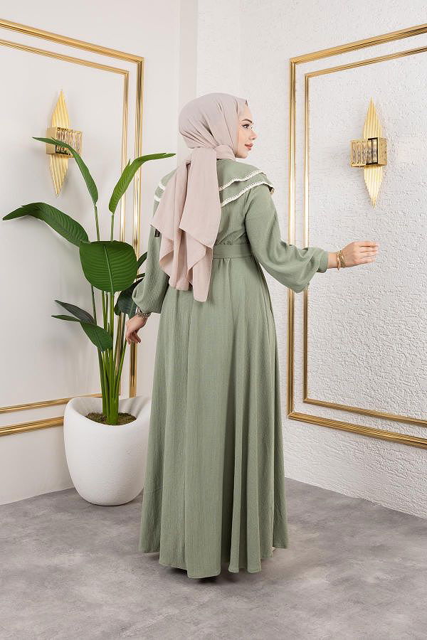Dantel Detaylı Kloş Tesettür Elbise-5031Su yeşili