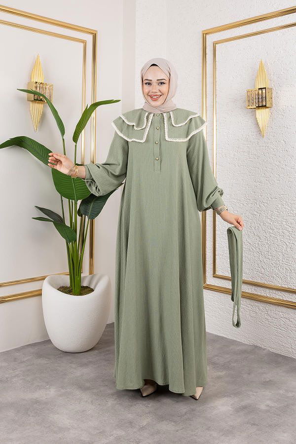 Dantel Detaylı Kloş Tesettür Elbise-5031Su yeşili