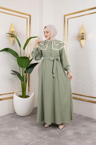 Dantel Detaylı Kloş Tesettür Elbise-5031Su yeşili - Thumbnail