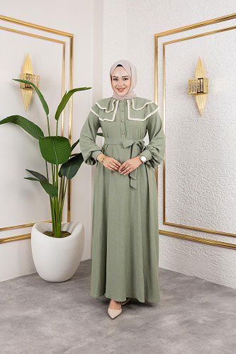 Dantel Detaylı Kloş Tesettür Elbise-5031Su yeşili - Thumbnail
