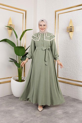 Dantel Detaylı Kloş Tesettür Elbise-5031Su yeşili - Thumbnail