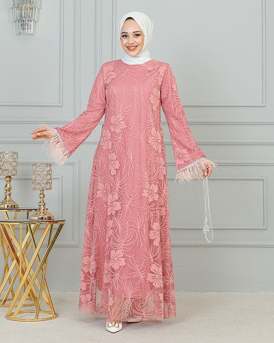 Modaebva - Dantel Ve Tüy Detaylı Tesettür Elbise-3177 Gülkurusu (1)