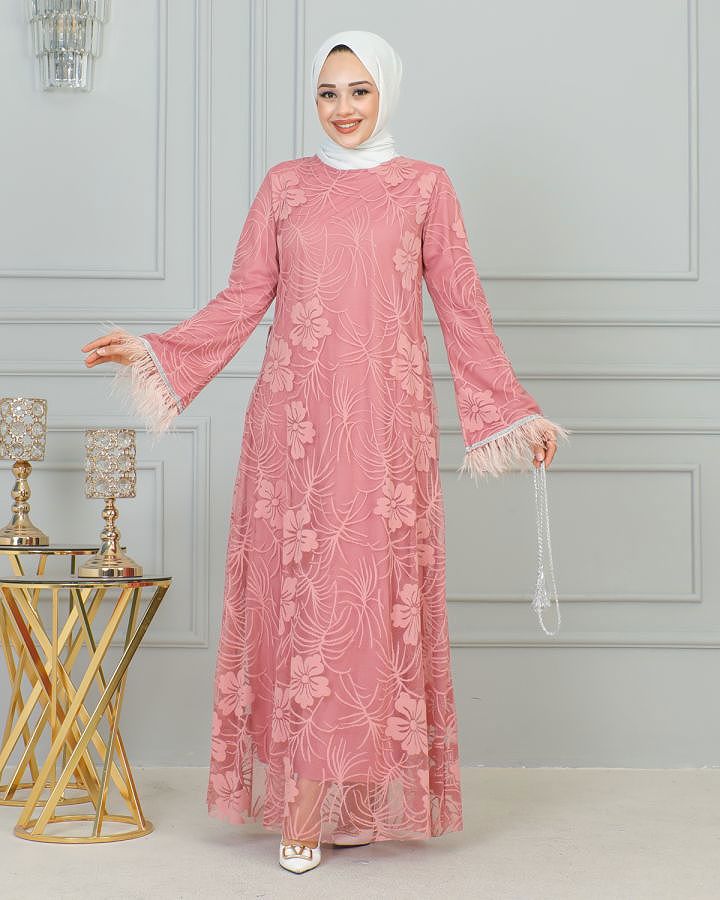 Dantel Ve Tüy Detaylı Tesettür Elbise-3177 Gülkurusu