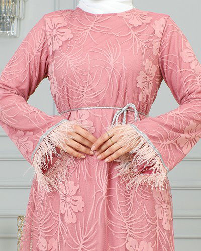 Dantel Ve Tüy Detaylı Tesettür Elbise-3177 Gülkurusu - Thumbnail