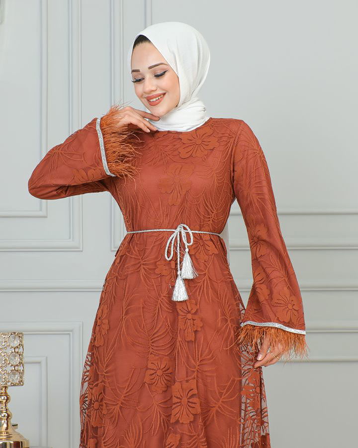 Dantel Ve Tüy Detaylı Tesettür Elbise-3177 Kiremit