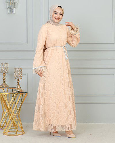 Dantel Ve Tüy Detaylı Tesettür Elbise-3177 Krem - Thumbnail