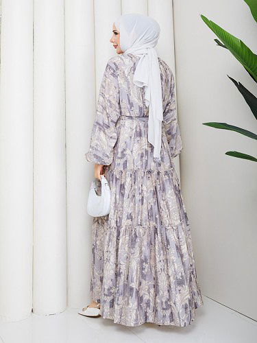 Desenli Kloş Kat Kat Elbise-5150 Gri - Thumbnail