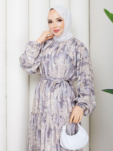 Modaebva - Desenli Kloş Kat Kat Elbise-5150 Gri (1)