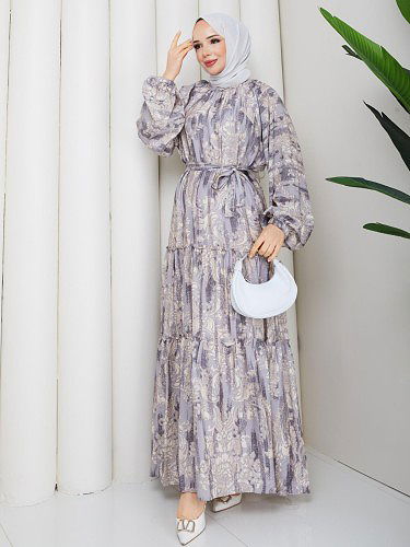 Desenli Kloş Kat Kat Elbise-5150 Gri - Thumbnail