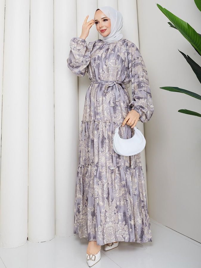 Desenli Kloş Kat Kat Elbise-5150 Gri