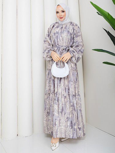 Desenli Kloş Kat Kat Elbise-5150 Gri - Thumbnail